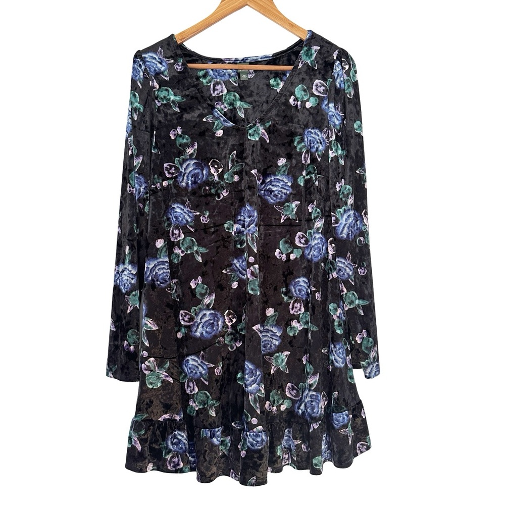 Wild Fable Floral Print Long Sleeve Velvet Drop Hem Swing Dress Black Blue XXL - Picture 2 of 10